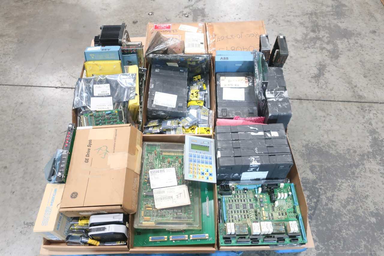 1 PALLET OF ASSORTED ELECTRICAL - CIRCUIT BOARDS, DELTA V CHARM CARDS, MODULE, INPUT NAMUR,SERVO MOTOR - YASKAWA, GENERAL ELECTRIC, ABB - AUTOMATION & CONTROLS