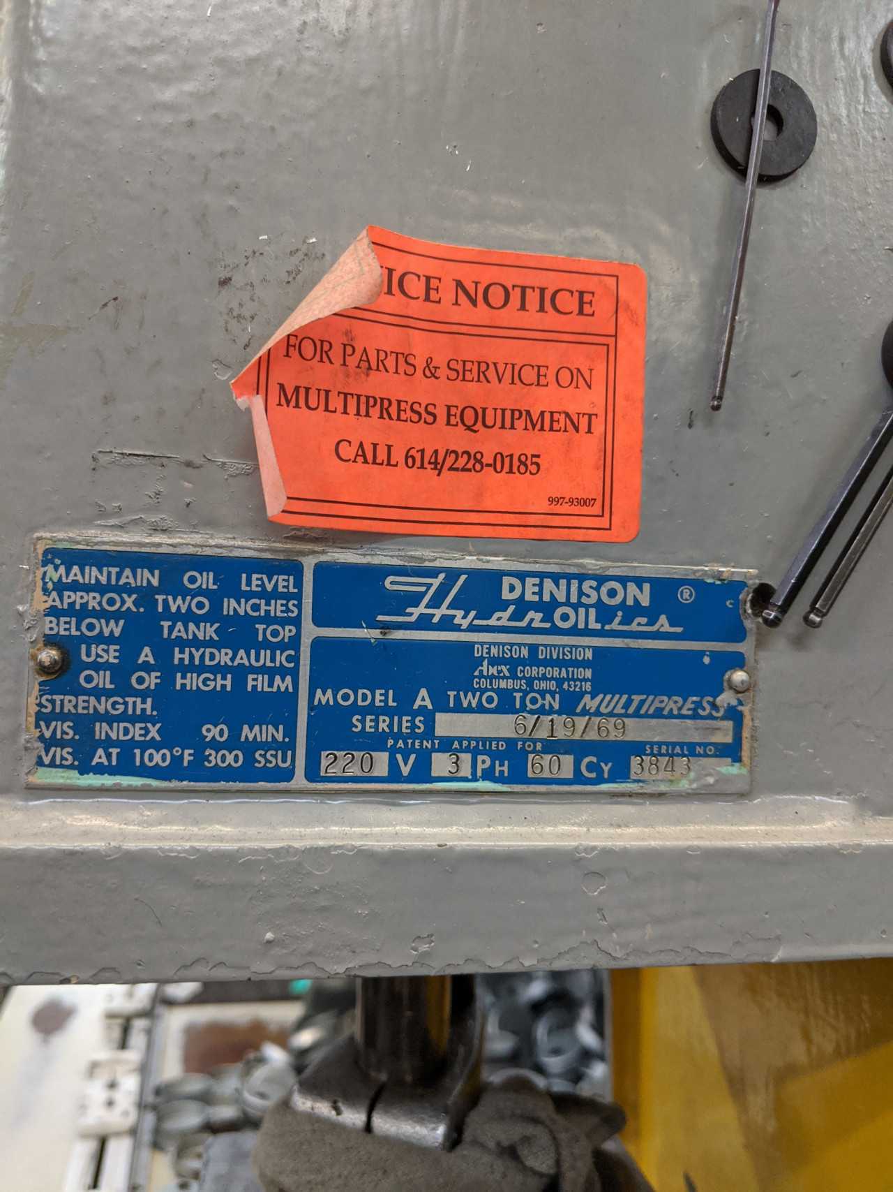 2 Ton Hydraulic Denison Bench Press Multipress Model A - PRESSES