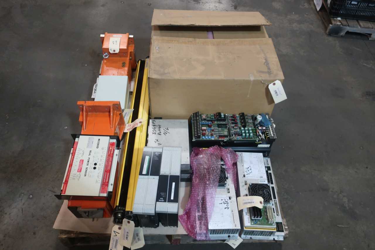 1 PALLET OF ASSORTED AUTOMATION AND CONTROLS, SERVO DRIVES, SERVO AMPLIFIERS, POWER DISTRIBUTION PANELS, FLOW SENSORS- BAILEY, YASKAWA, STANLEY, SIEMENS, ABB, WOODWARD, SONATRAC - SERVO