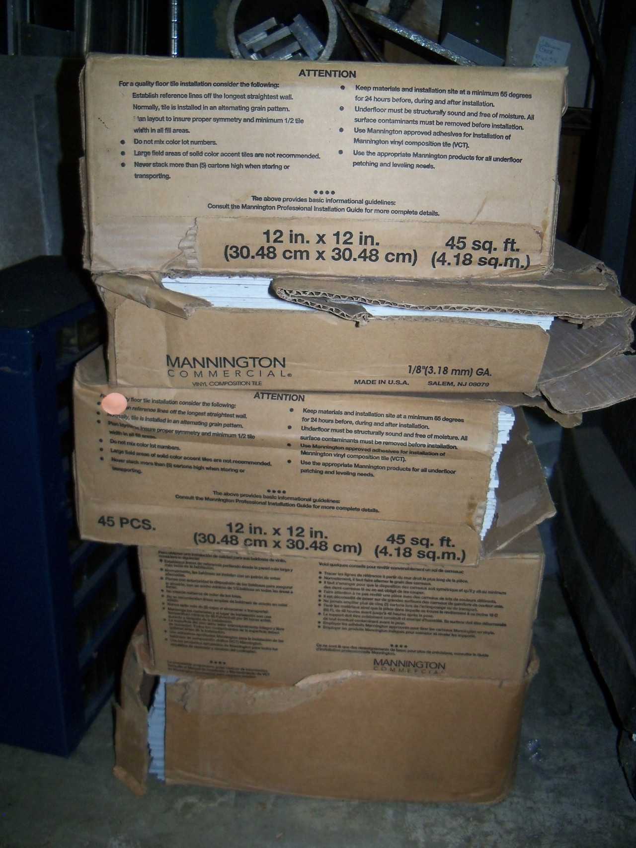 Lot of 5 Boxes Mannington Commercial Vinyl Composition Tile - MATERIAL HANDLING