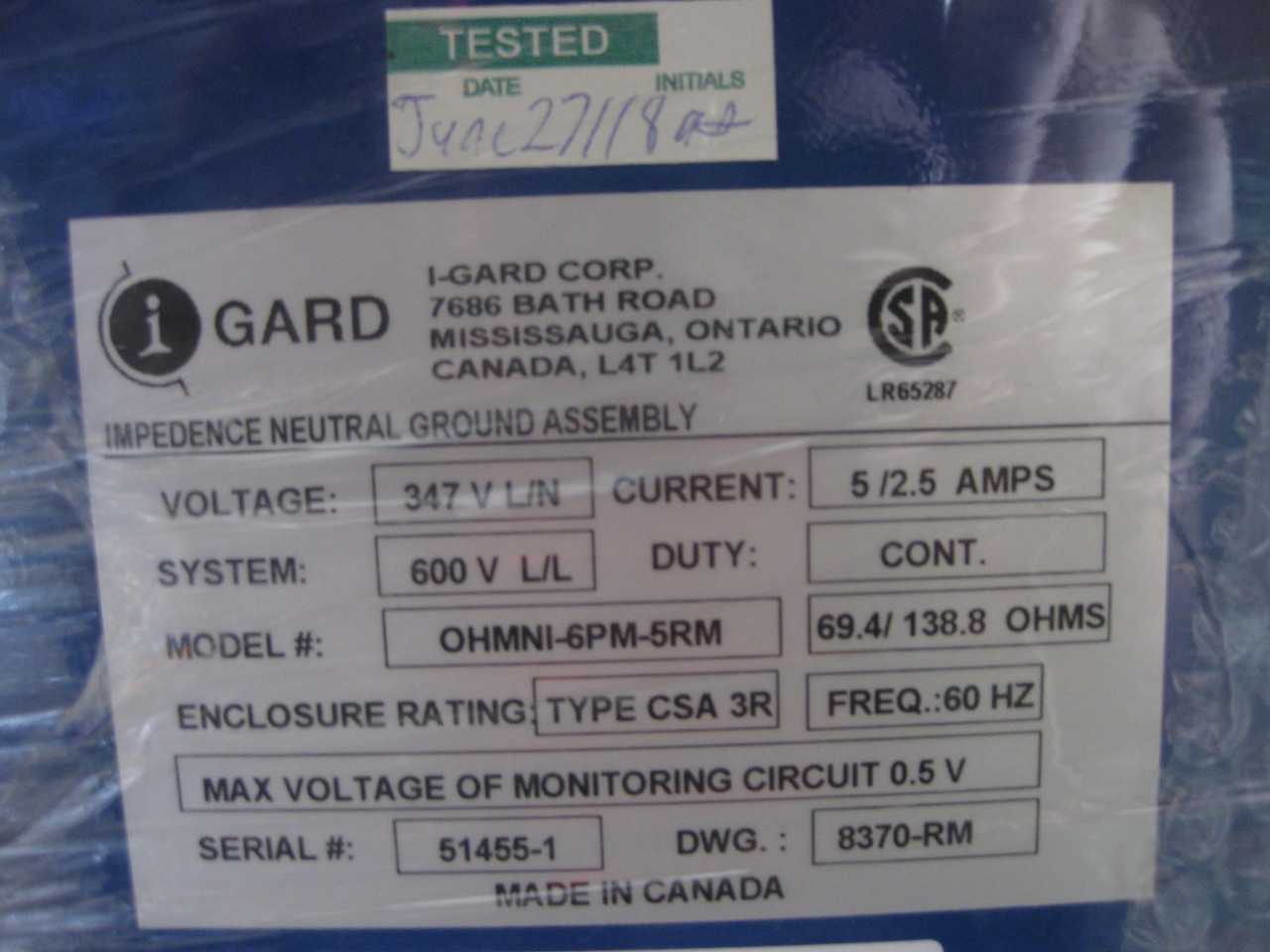 IMPEDENCE NEUTRAL GROUND ASSEMBLY ( OHMNI-6PM-5RM ) - ELECTRICAL COMPONENTS