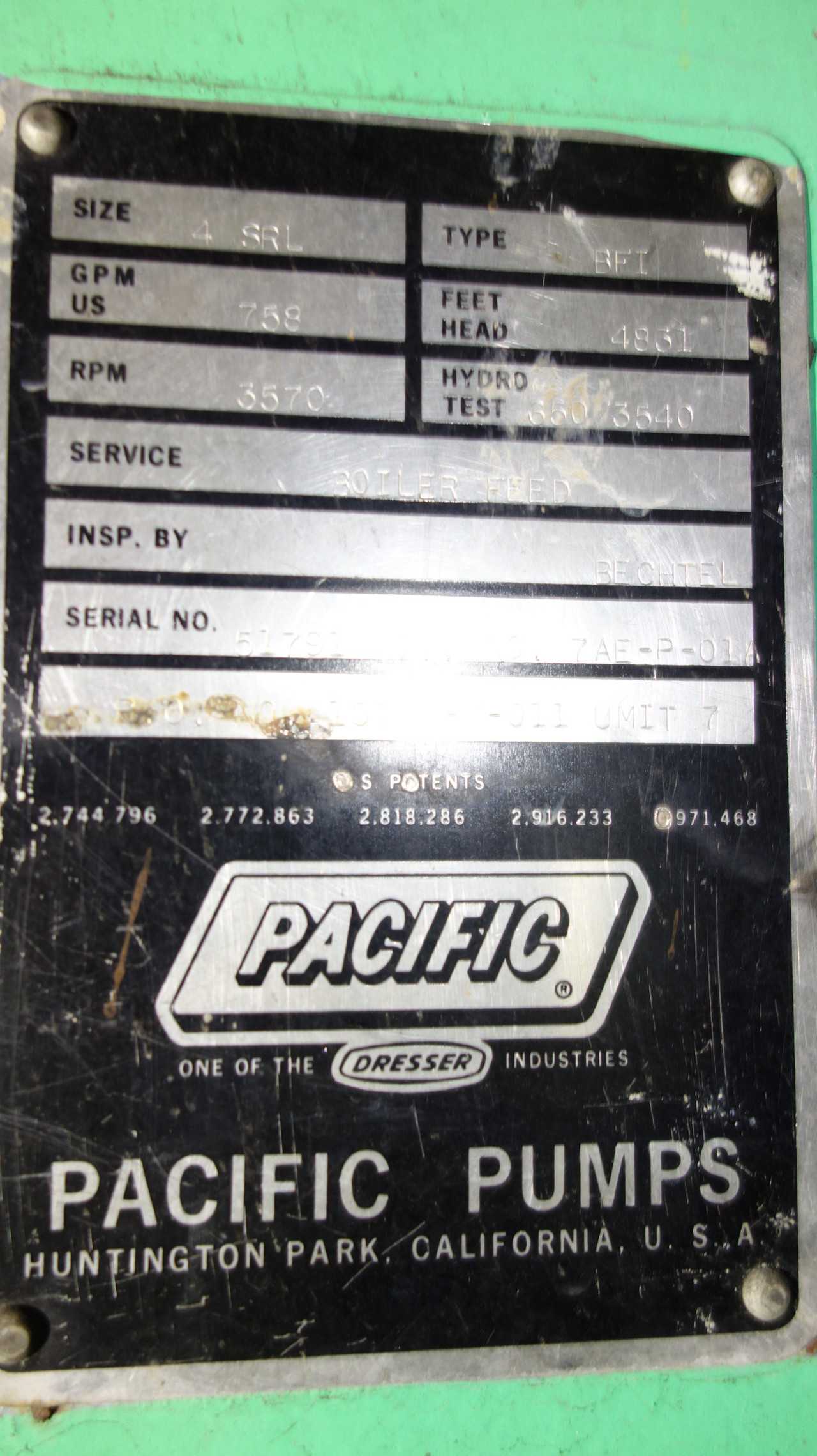 PACIFIC PUMPS SIZE 4SRL BFI BOILER FEED PUMP 758GPM - MISCELLANEOUS