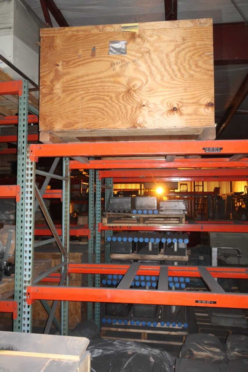 CONTENTS OF 5X SECTIONS OF PALLET RACKING (EXCLUDES PALLETS OF FURNITURE), ASSORTED COAL TURBINE CONTROL REPLACEMENT PARTS, HEAT EXCHANGER COILS, RODS, PUMPS, MRO, BALL VALVES, BEARINGS