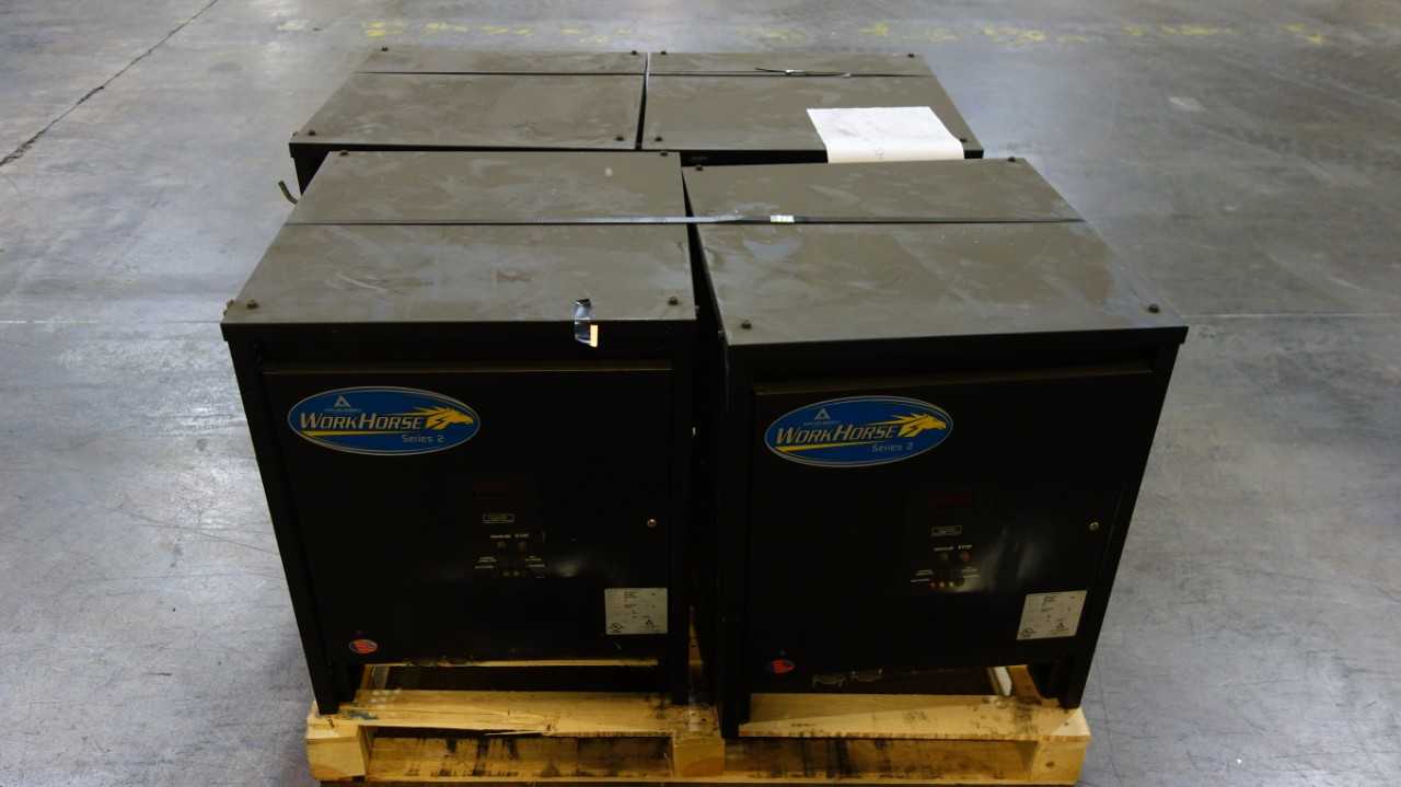 LOT OF 4 APPLIED ENERGY 18R1050E3D 36V-DC WORK HORSE SERIES 2 INDUSTRIAL BATTERY CHARGERS 208/240/480V-AC IN - ELECTRICAL COMPONENTS