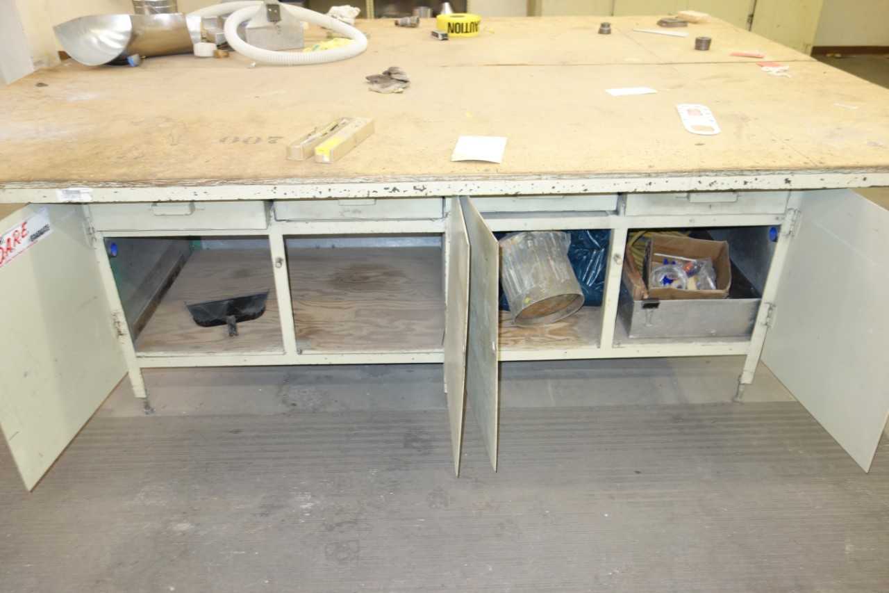 Lot of 2 Work Table with Wooden Surface and Contents 10' x 4' x 3' - MATERIAL HANDLING