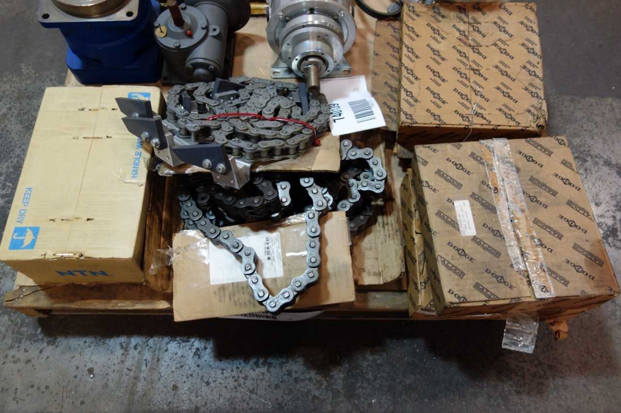 1 PALLET OF ASSORTED CONVEYOR CHAINS, BRAKE-CLUTCH, V-BELTS, GEAR REDUCERS-CATERPILLAR, KEB, DODGE - GEAR REDUCERS