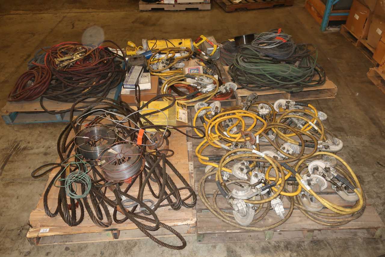 5 PALLETS OF ASSORTED WELDING EQUIPMENT HOSES ELECTRODES MIG WIRE TORCHES - WELDING EQUIPMENT