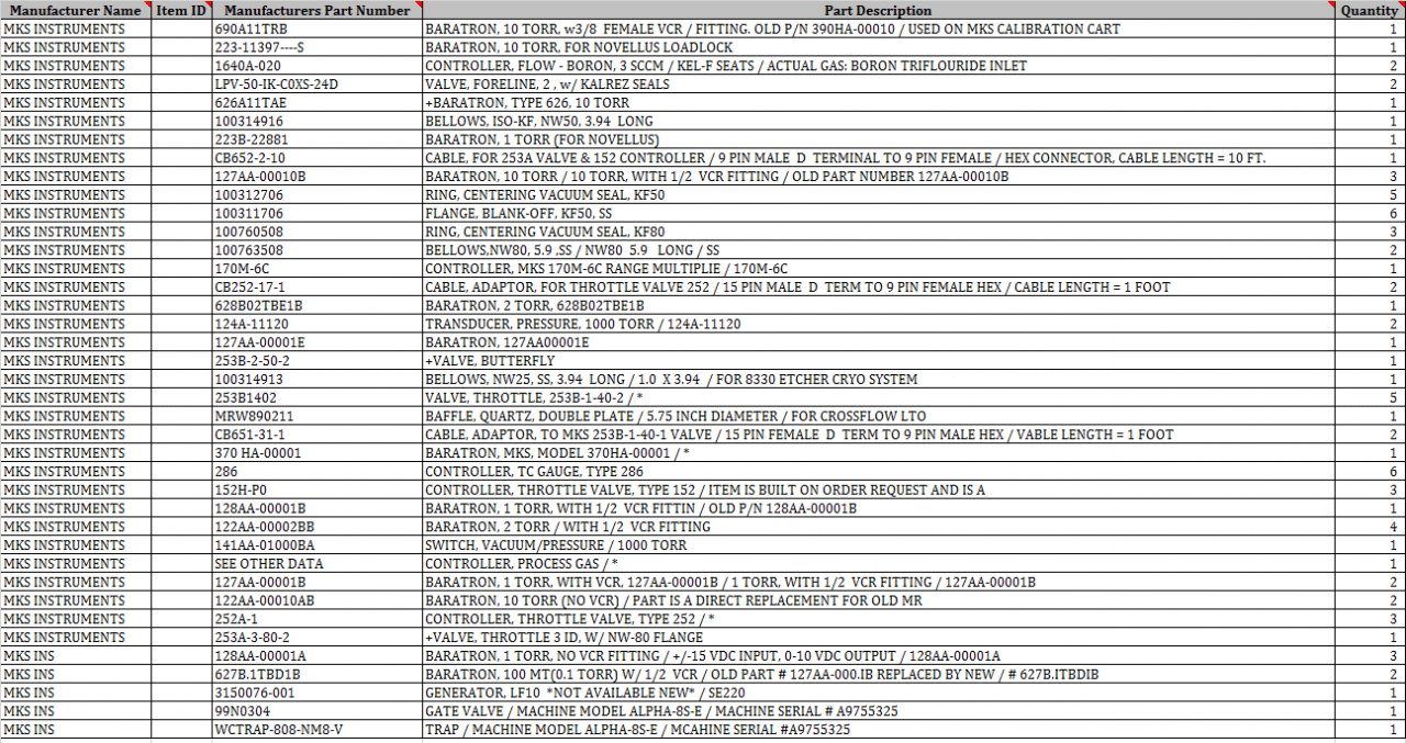MKS Parts List - MISCELLANEOUS