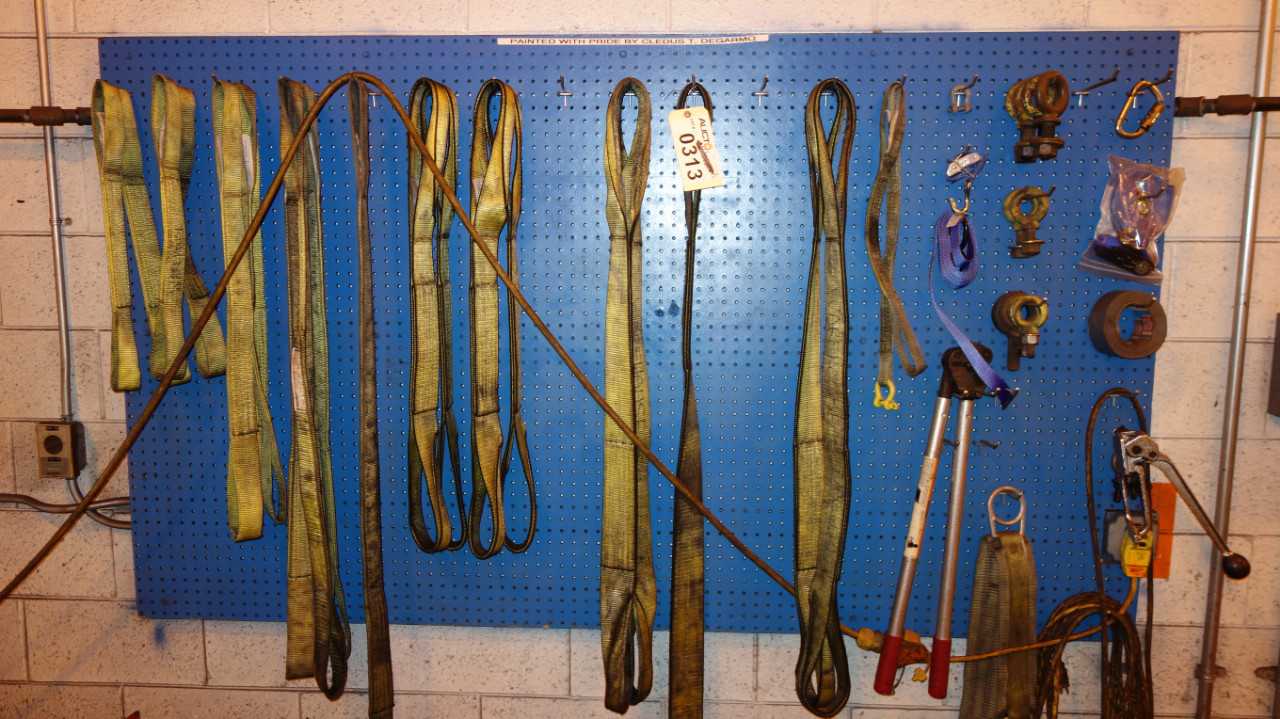 WALL OF ASSORTED SLINGS, RIGGING EQUIPMENT - LIFTING EQUIPMENT