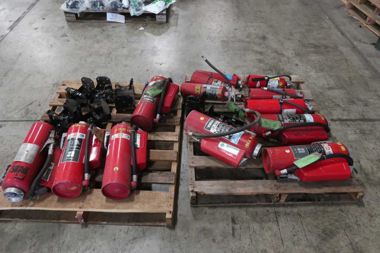 2 PALLETS OF ASSORTED FIRE EXTINGUISHERS & HOLDERS - SAFETY EQUIPMENT