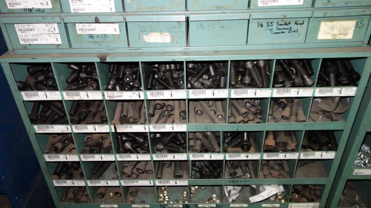 ASSORTED PIGON HOLE CABINET W/ NUTS AND BOLTS - TOOL STORAGE