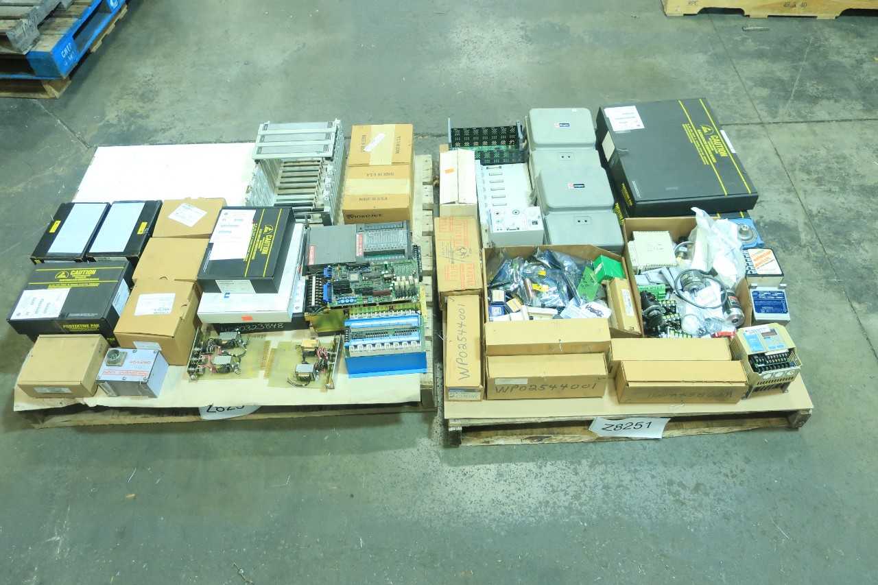 2 PALLETS OF ASSORTED ELECTRICAL - CIRCUIT BOARDS, SERVO DRIVE, SWITCH CONTROLS, RELAYS, MOTOR DRIVES - GENERAL ELECTRIC, WESTINGHOUSE - ELECTRICAL COMPONENTS