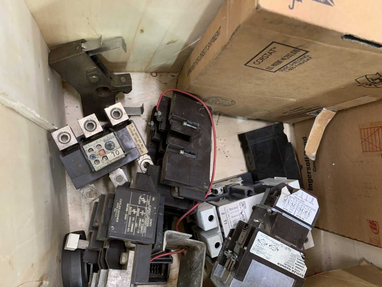 CRATE OF MISC ELECTRICAL PARTS SIEMENS , CUTLER-HAMMER, BREAKERS, OVERLOADS ETC. - INDUSTRIAL PARTS