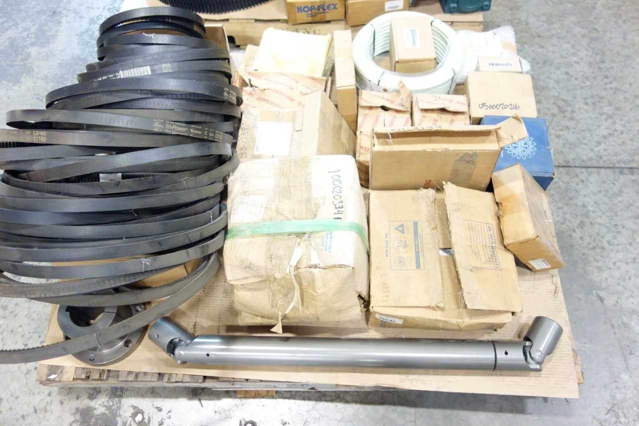 2 PALLETS OF ASSORTED BELTS, SPROCKETS, GEAR REDUCERS, COUPLING- TB WOODS, DODGE, MARTIN - GEAR REDUCERS