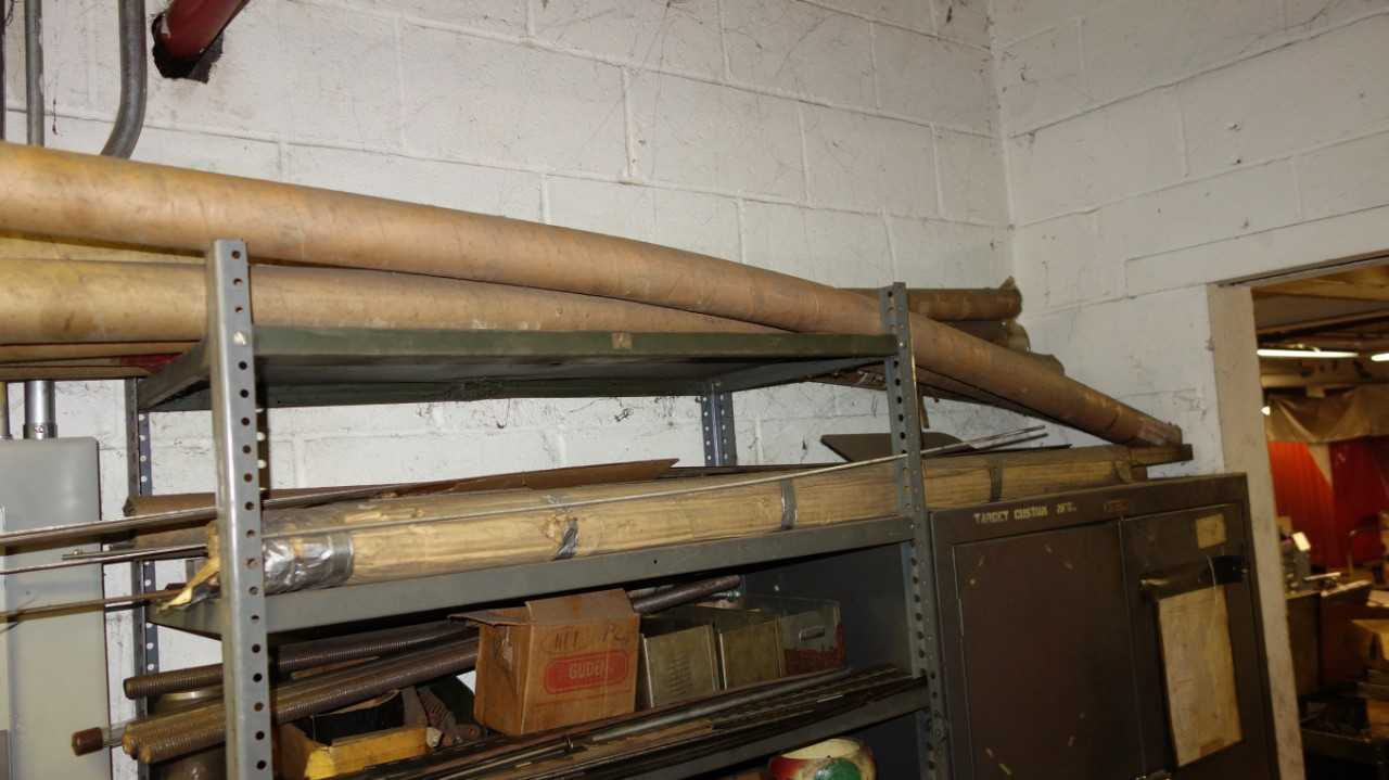 CONTENTS OF SHELVING, ASSORTED METALWORKING TOOLS, PUNCHES, TAPS, BOLTS, THREADED RODS, WIRE, MOTORS, (COPPER, DRUM SANDER ATTACHMENT, SMALL CARDBOARD BOX NOT INCLUDED)