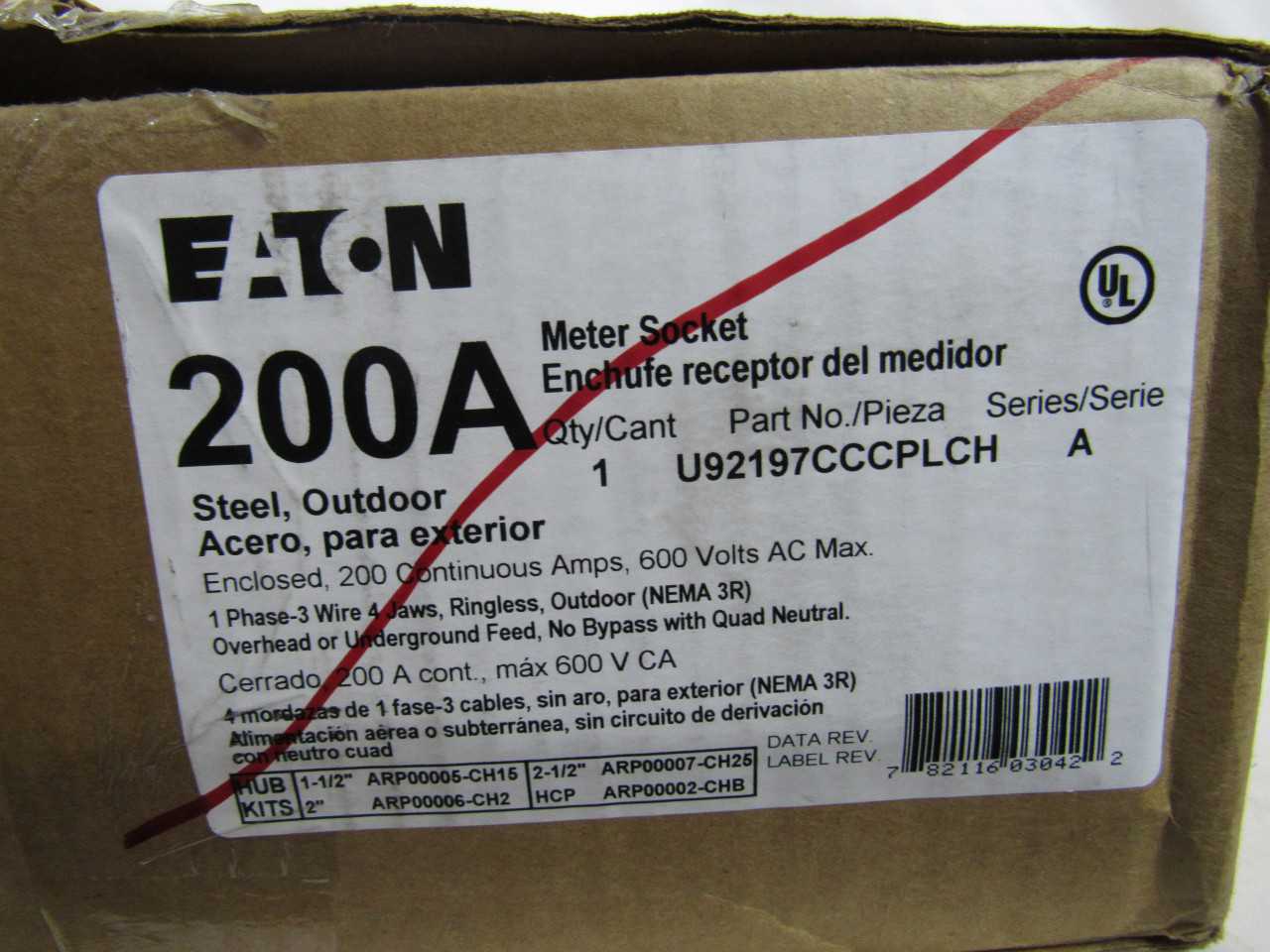 Quantity of 1 New Surplus Eaton U92197CCCPLCH Meter Socket Ringless 200A 600V 4 Jaws - INDUSTRIAL PARTS