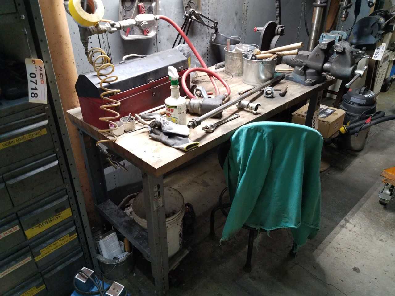 5' x 3' steel work bench with Wilton 4" vise and arbor press - MECHANICAL STAMPING PRESSES
