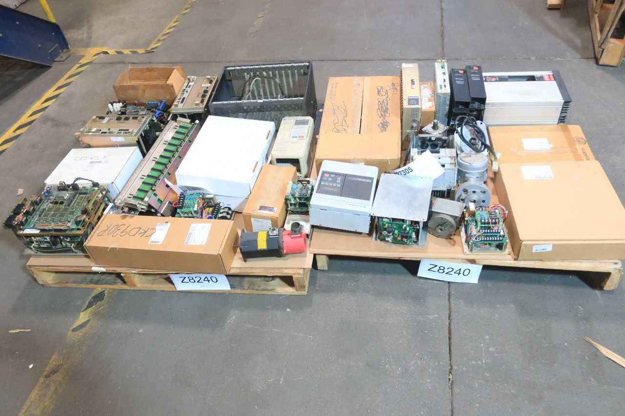 2 PALLETS OF ASSORTED ELECTRICAL CHASSIS RACK, SERVO PACK, SERVO CONTROLLER, PRESSURE SWITCH, POWER SUPPLY CONT, SERVO DRIVE, FLOW METER, MOTOR DRIVE- YASKAWA, ALLEN BRADLEY, DOMINO, FANUC, OMRON, DANFOSS, PHOENIX CONTACT - SERVO