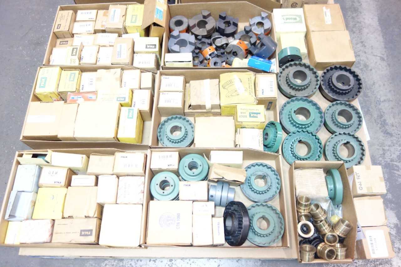 2 PALLETS OF ASSORTED JAW COUPLINGS, HUBS, FLANG COUPLINGS- TB WOODS, FALK, BROWNING, LOVEJOY - COUPLINGS, JOINTS, & HUBS