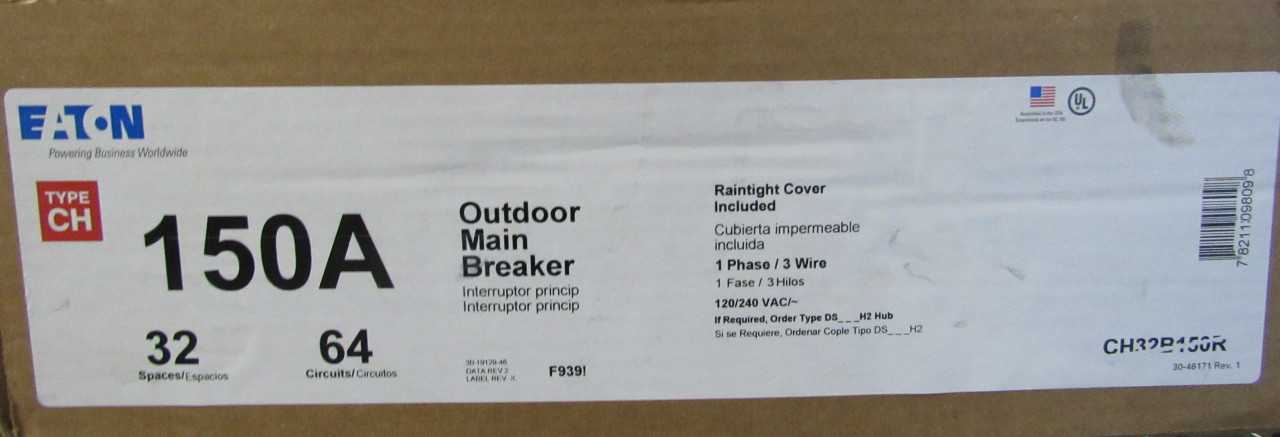 Quantity of 1 New Surplus Eaton CH32B150R Main Breaker Outdoor 150A 120V - CIRCUIT BREAKERS Quantity of 1 New Surplus Eaton CH32B150R Main Breaker Outdoor 150A 120V - CIRCUIT BREAKERS