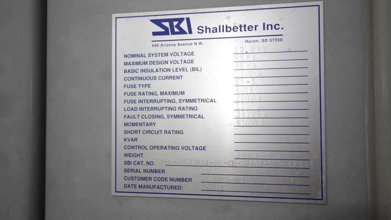 SHALLBETTER 15KV-AC 1200A TRANSFORMER SWITCHGEAR - CONTROL TRANSFORMERS