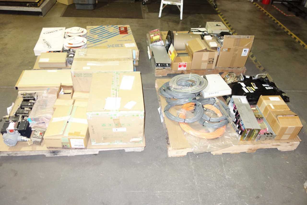 4 PALLETS OF ASSORTED ELECTRICAL AUTOMATION, SERVO MOTORS, CABLE-WIRES, CONTROL MODULES, DRIVES, MODULES, CIRCUIT BOARDS AND ACCESSORIES - ELECTRICAL COMPONENTS
