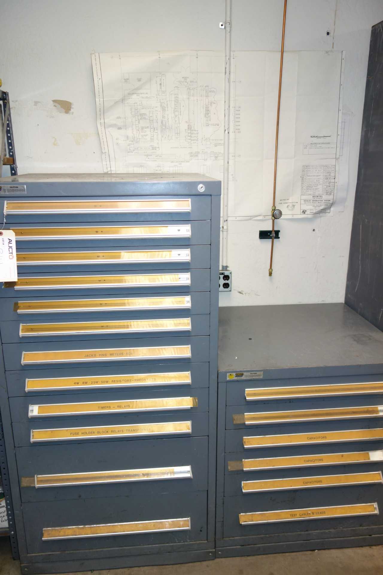 Lot of 2 Stanley Vidmar Cabinets with Contents - Resistors, Timers, Relays, Capacitors, Starters, Transformers - TOOL STORAGE