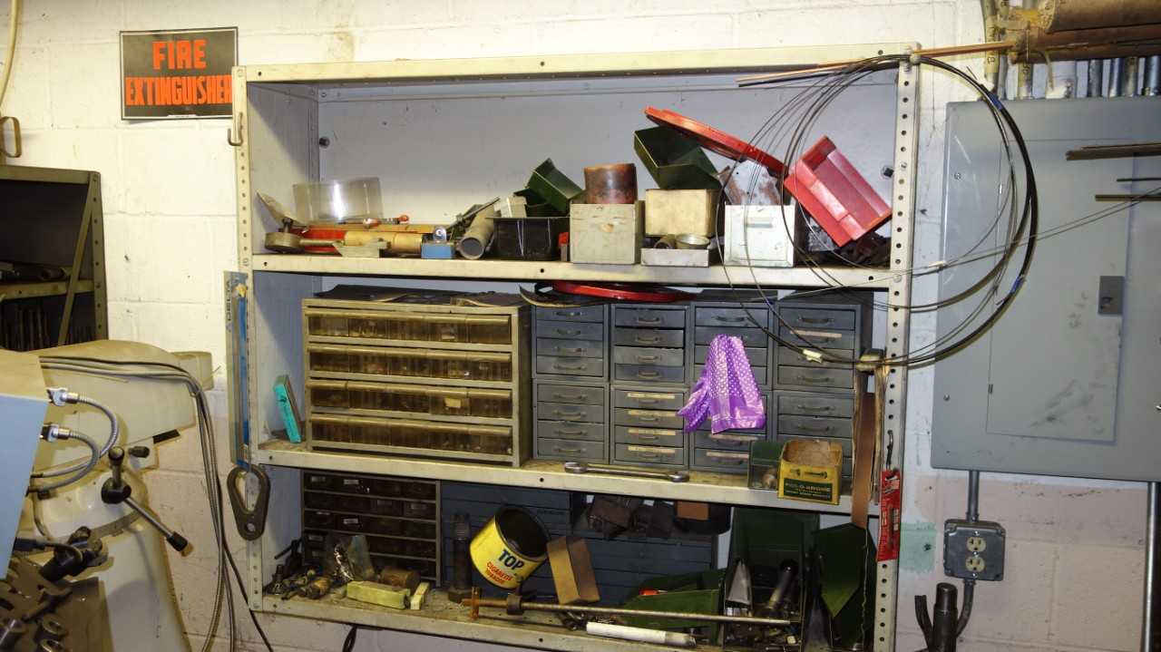 CONTENTS OF SHELVING, ASSORTED METALWORKING TOOLS, END MILLS, BOLTS, TAPS, REAMERS, WRENCHES