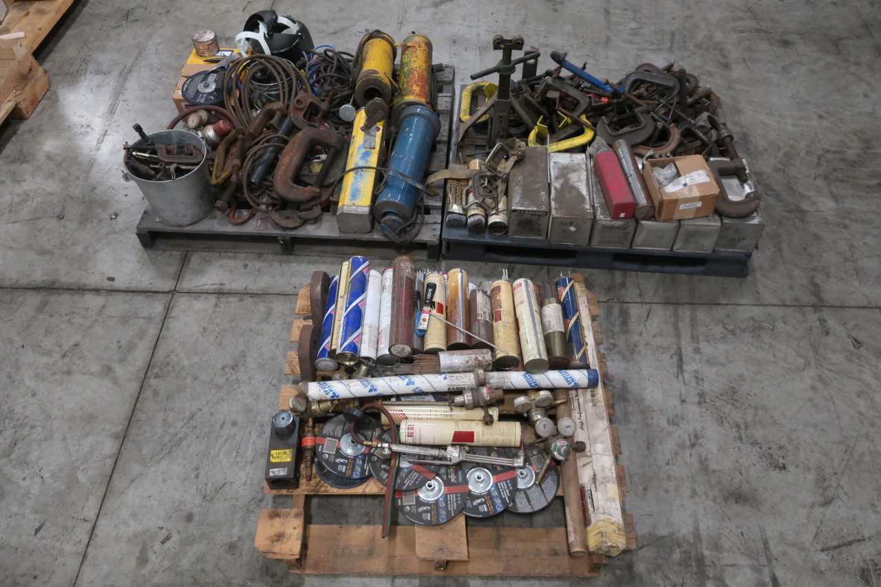3 PALLETS OF ASSORTED WELDING TOOLS & EQUIPMENT ELECTRODES CLAMPS GRINDING WHEELS CABLES PPE - WELDING EQUIPMENT