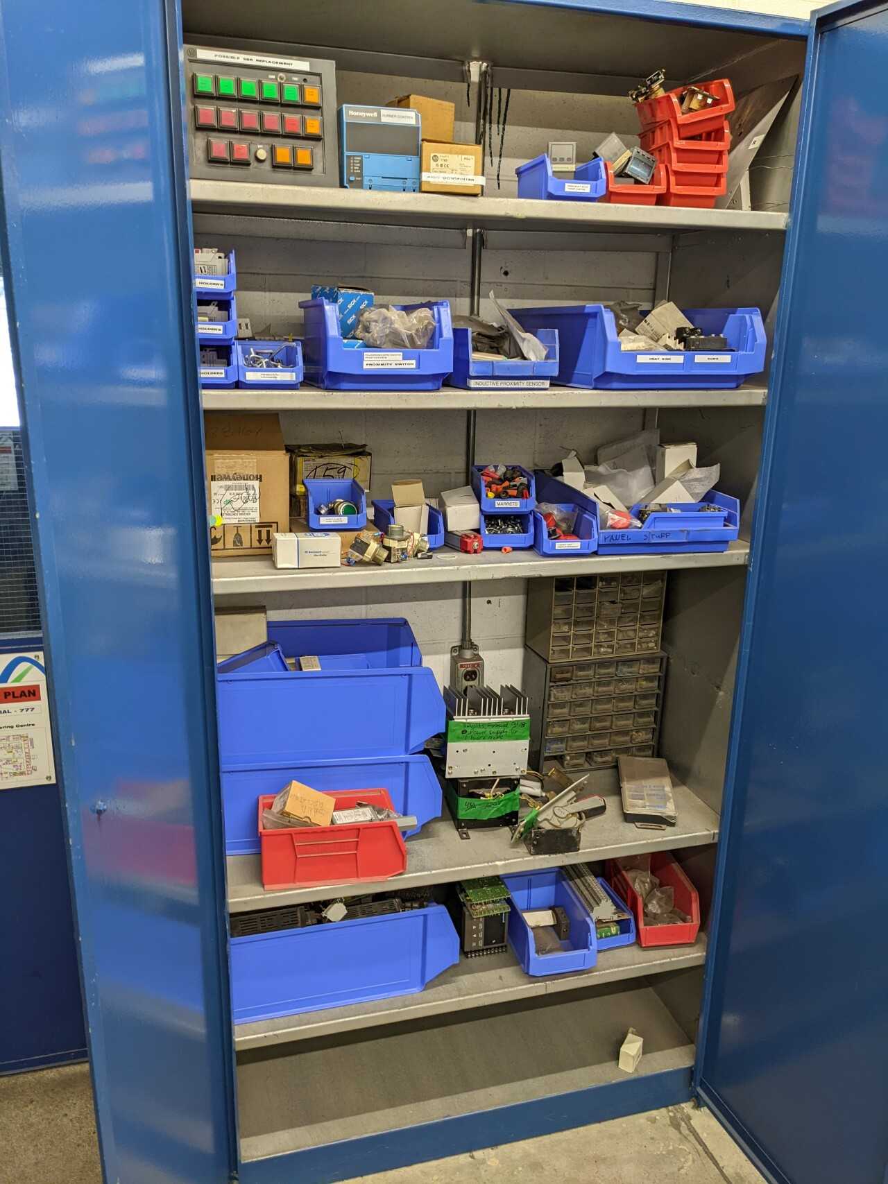 CABINET WITH CONTENTS, ASSORTED ELECTRICAL MRO, MODULES, CONTROLLERS, RELAYS, PUSHBUTTONS, ALLEN BRADLEY, SQUARE D, HONEYWELL - ELECTRICAL COMPONENTS