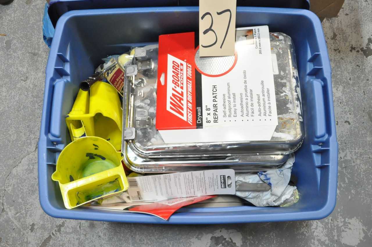 Lot-Drop Cloths, Paint Pans, Brushes, Rollers, etc. in (2) Boxes and (1) Tote Under (1) Bench - ELECTRIC POWER TOOLS