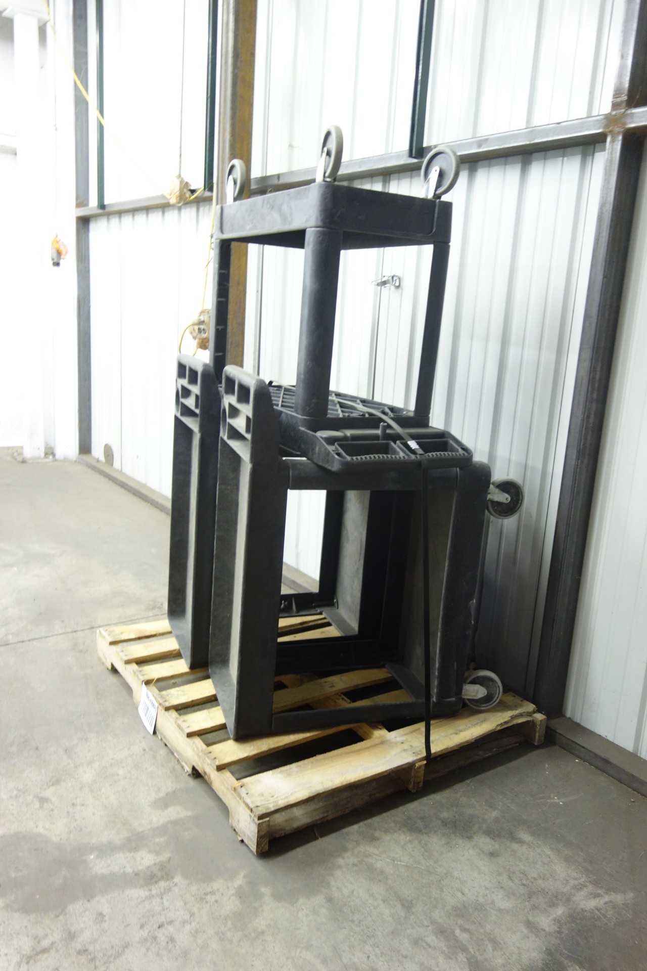 LOT OF 3 PLASTIC PUSH CARTS, SOLID RUBBER WHEELS - ROLLING CARTS