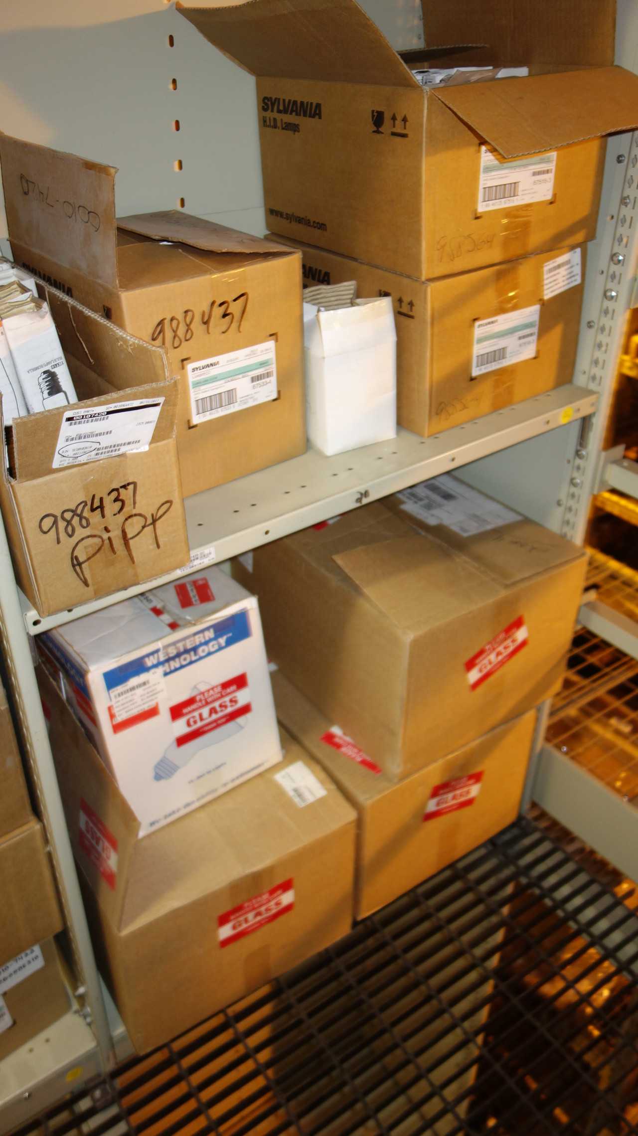 CONTENTS OF 3 SHELF COLUMNS, LIGHT BULBS - LIGHTING
