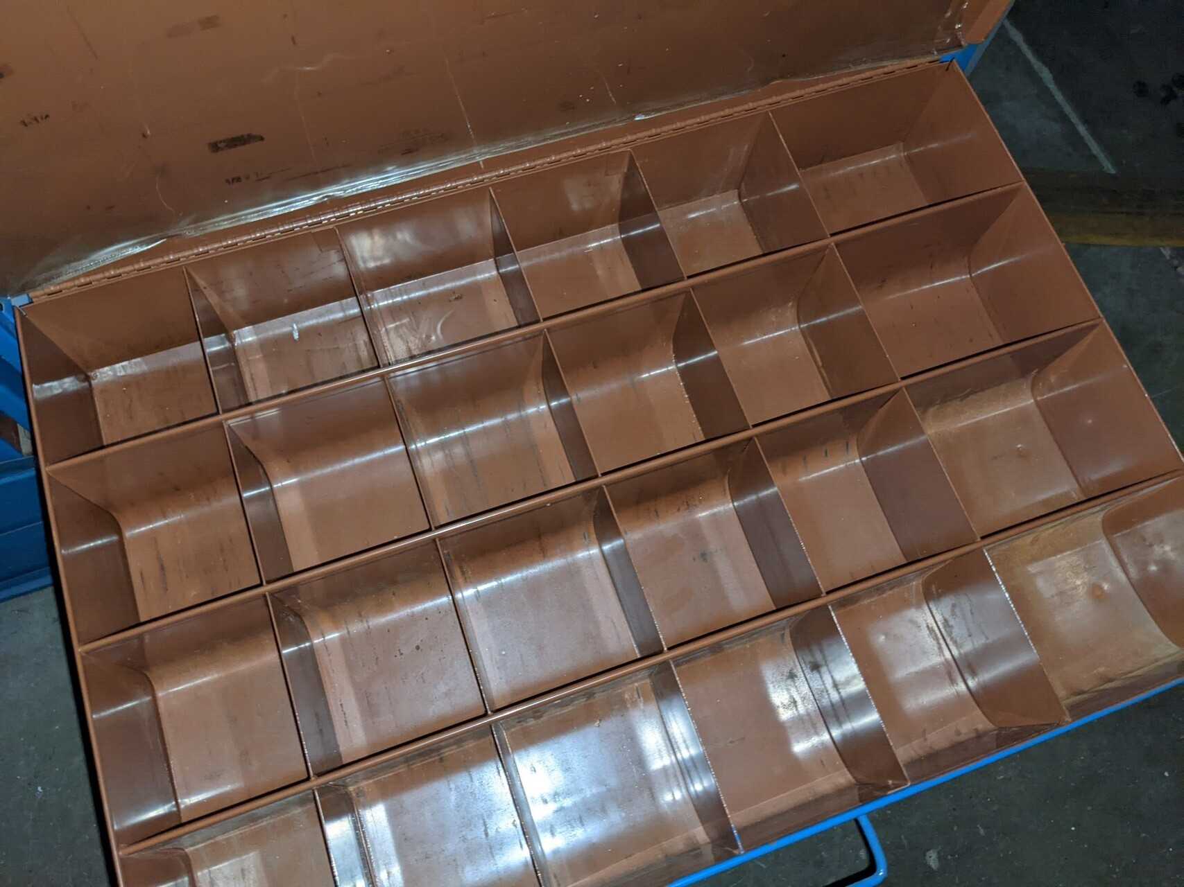 LOT OF 3 SECTIONS OF BIN ORGANIZERS WITH CONTENTS, BOLTS, SENSORS, - INDUSTRIAL PARTS