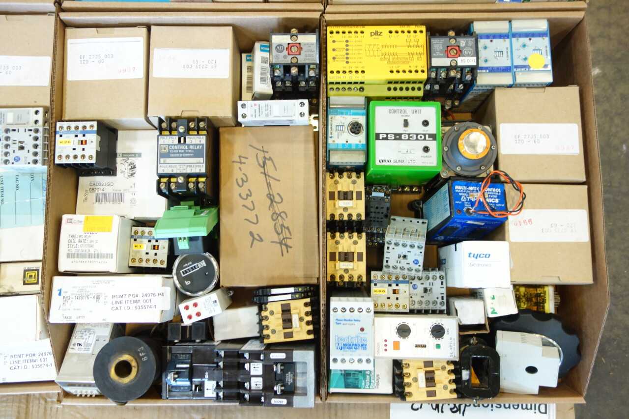 3 PALLETS OF ASSORTED ELECTRICAL TIMERS, RELAYS, COUNTERS - ELECTRICAL COMPONENTS