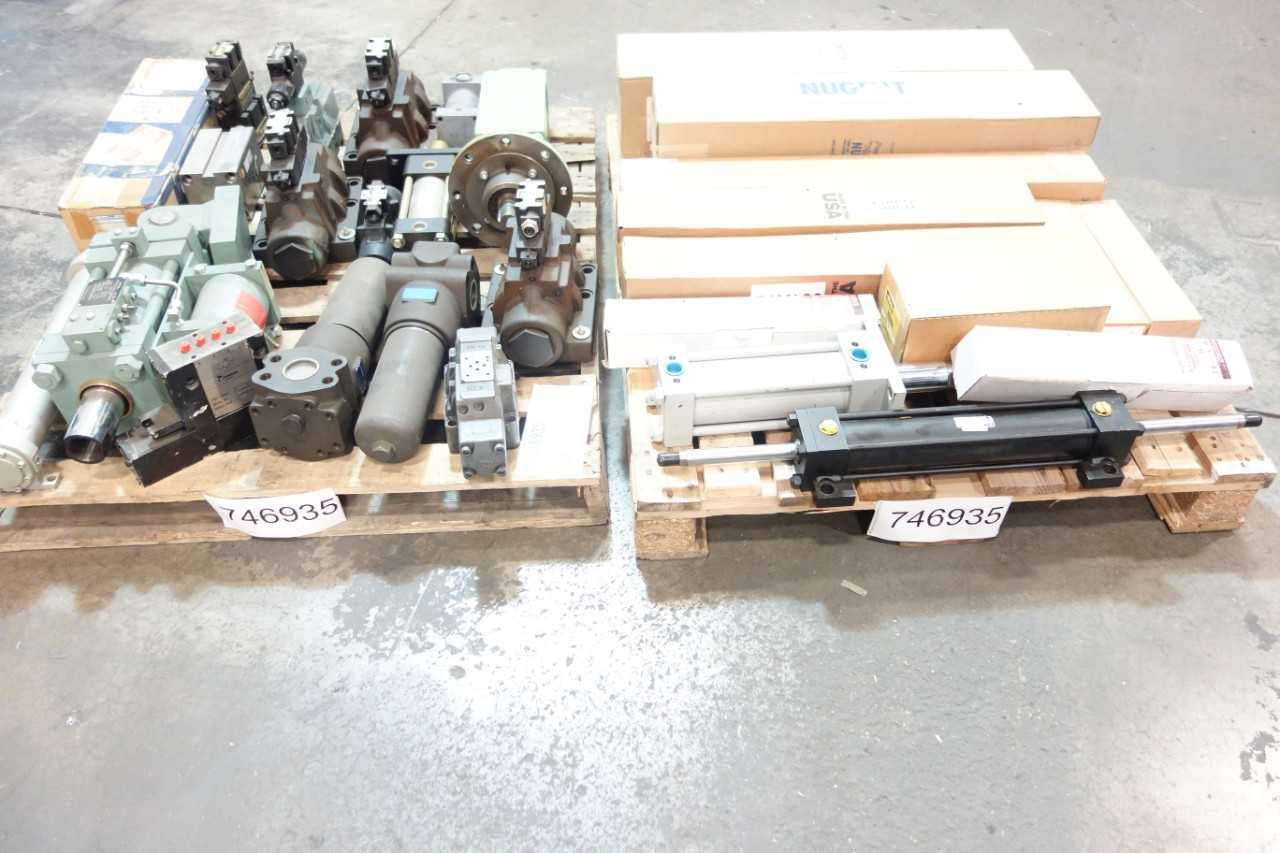 2 PALLETS OF ASSORTED CYLINDERS, VALVES, FILTER ASSEMBLY, PUMP, FILTER ELEMENTS- UNITED SERVO, EATON, PARKER - PNEUMATIC FILTER ELEMENTS