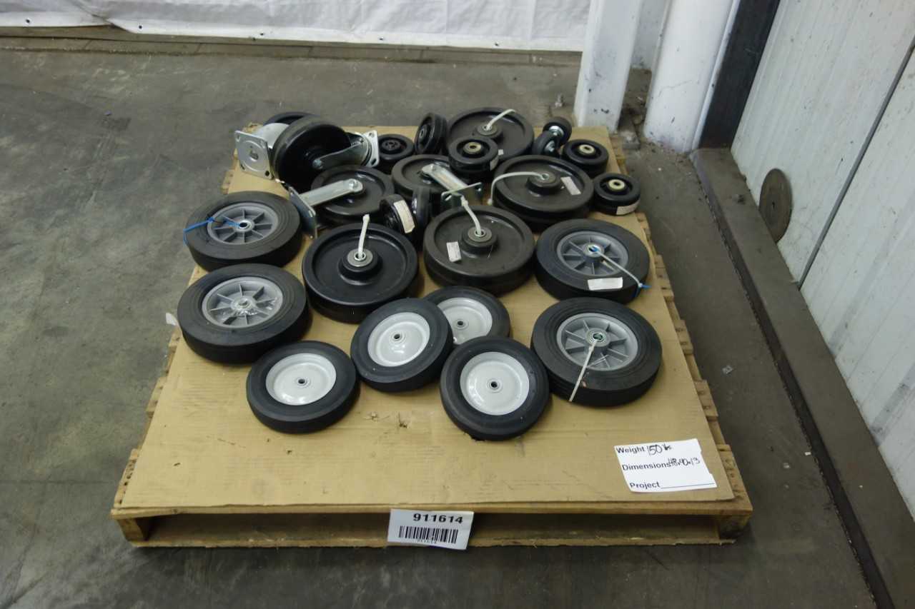 PALLET OF ASSORTED HARD PLASTIC AND RUBBER REPLACEMENT WHEELS - PLASTICS PRODUCTION MACHINERY