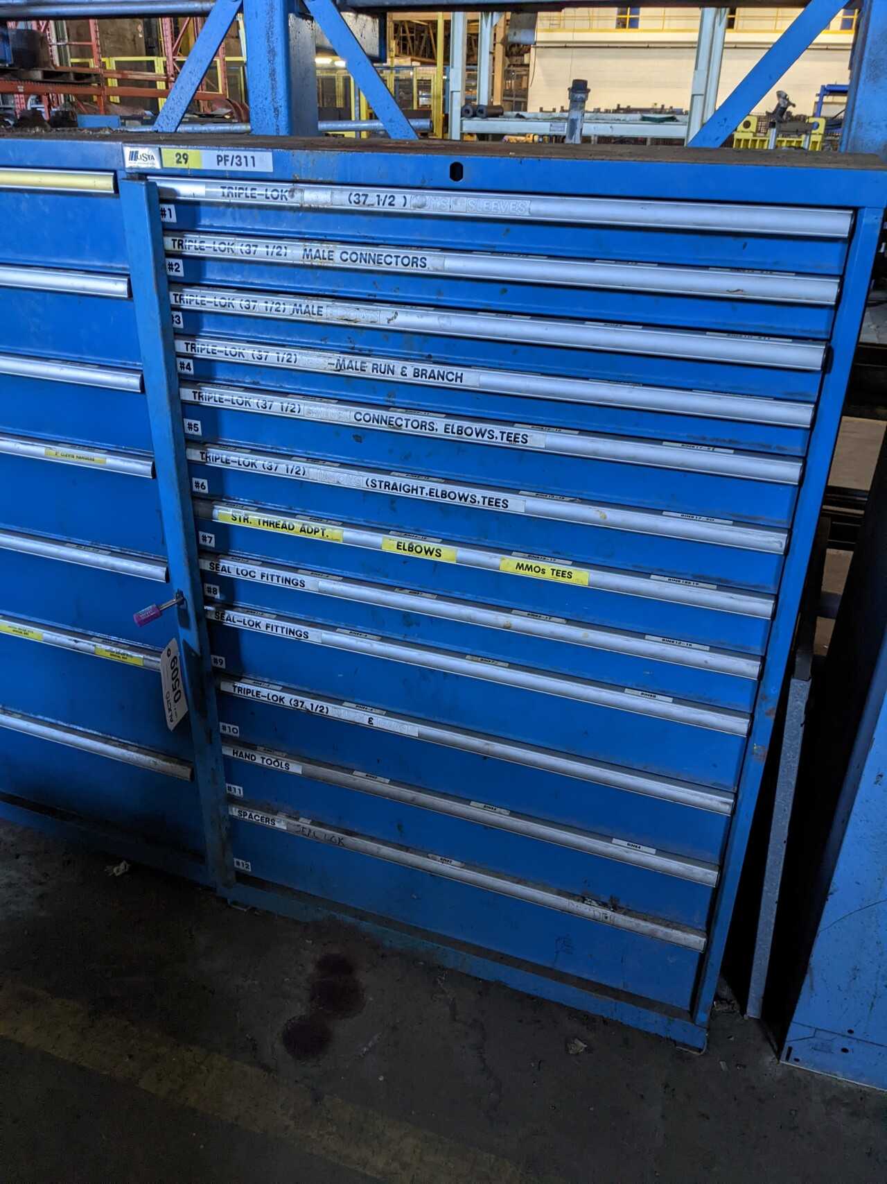 12 DRAWER LISTA TOOL CABINET WITH CONTENTS, ASSORTED CONNECTORS, TEES, ELBOWS, HAND TOOLS - TOOL STORAGE