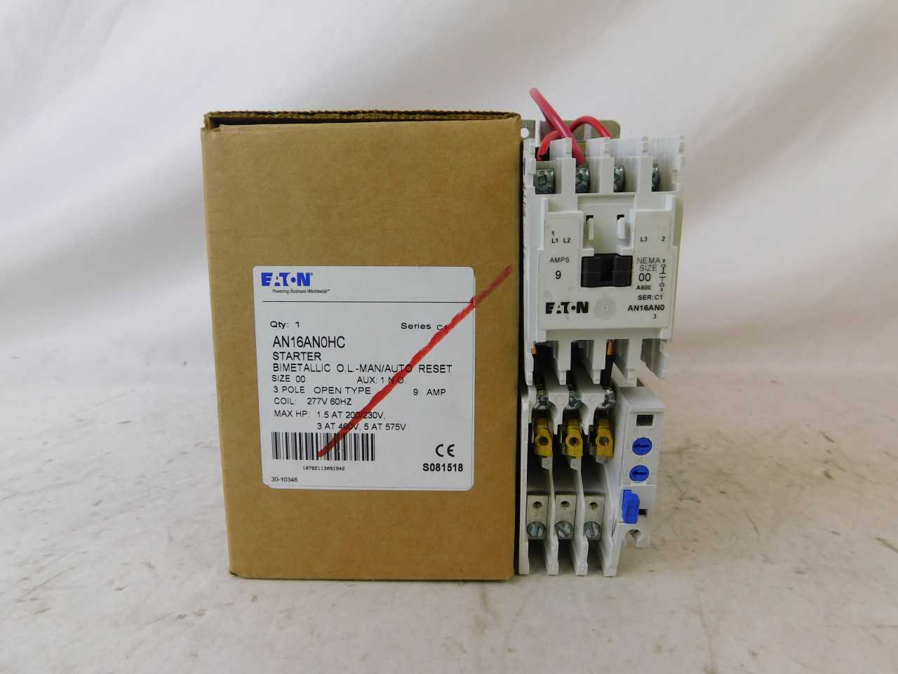 Quantity of 2 New Surplus Eaton AN16AN0HC Starter Open 3P 9A 277V 60Hz - MOTOR STARTERS