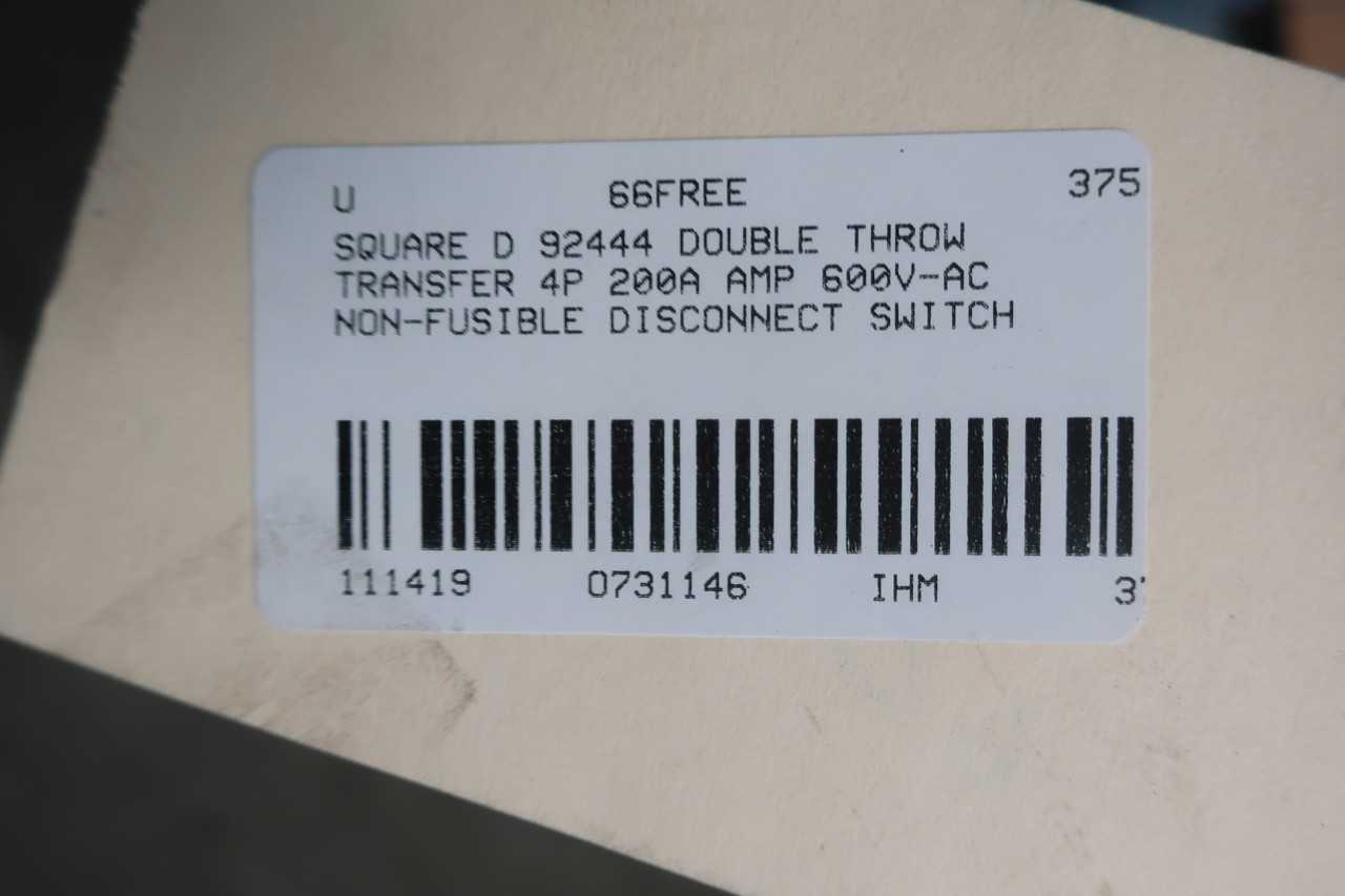 SQUARE D 92444 DOUBLE THROW TRANSFER 4P 200A AMP 600V-AC NON-FUSIBLE DISCONNECT SWITCH - DISCONNECT SWITCHES