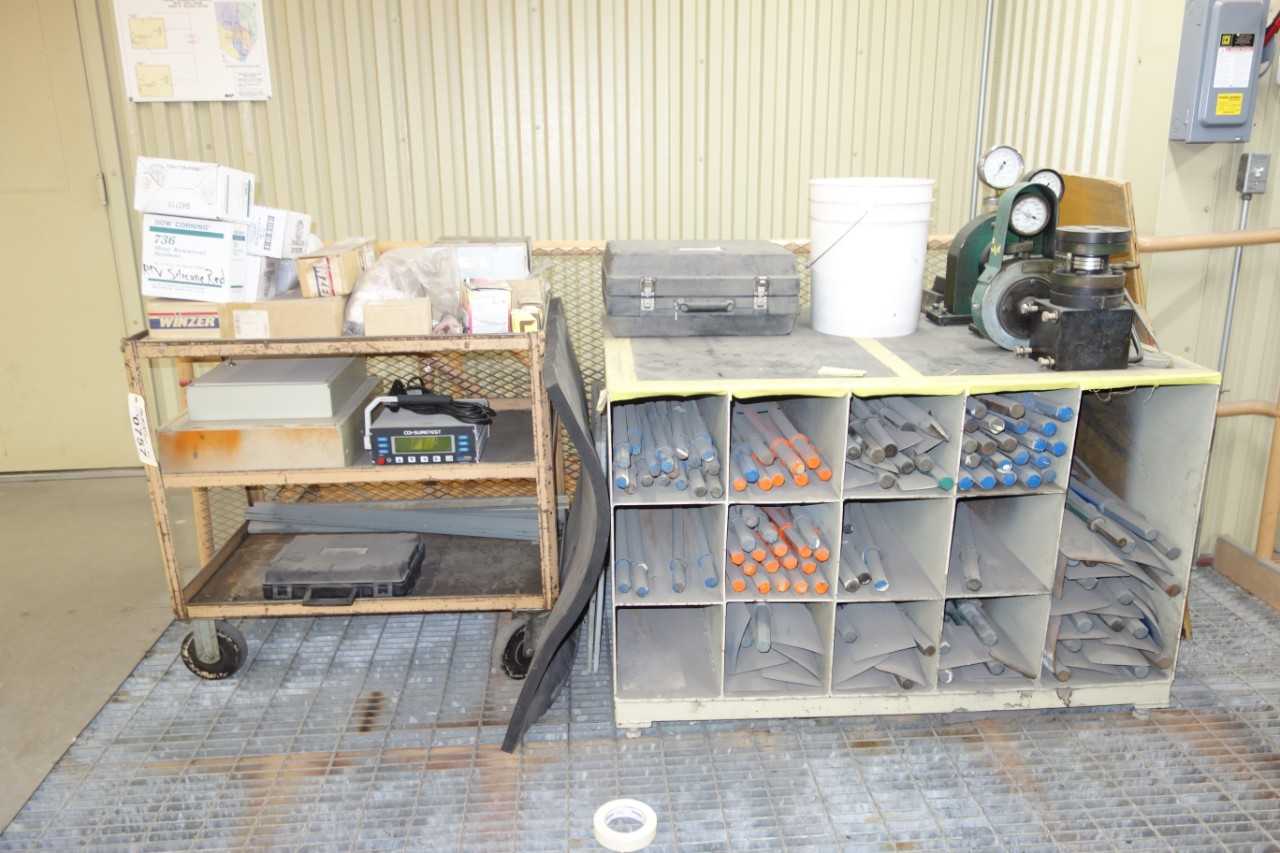 Contents of shelving with cart - CDI-Suretest torque calibrator, Skidmore-Wilhelm tension calibrators, chisels - SHELVING