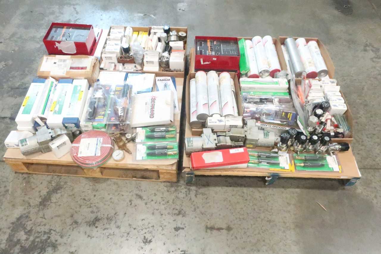 2 PALLETS OF ASSORTED WELDING EQUIPMENT- WELDER CONTROL MODULES, WELDING WIRE, ELECTRODES, ELECTRODE HOLDERS- LINCOLN, RADNOR, VICTOR, JACKSON SAFETY - WELDING EQUIPMENT
