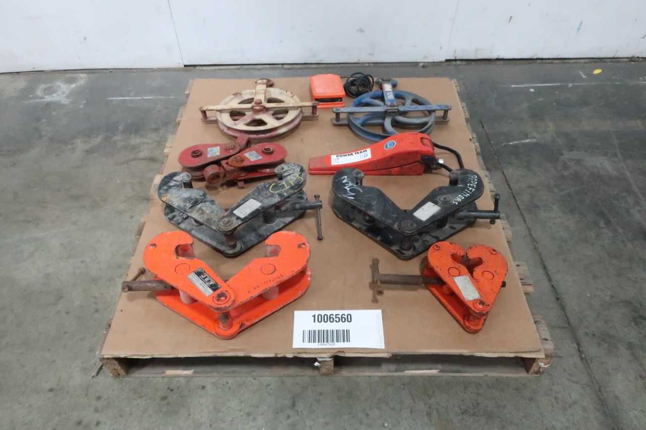 PALLET OF ASSORTED HOISTING PARTS AND BEAM CLAMPS - LIFTING EQUIPMENT